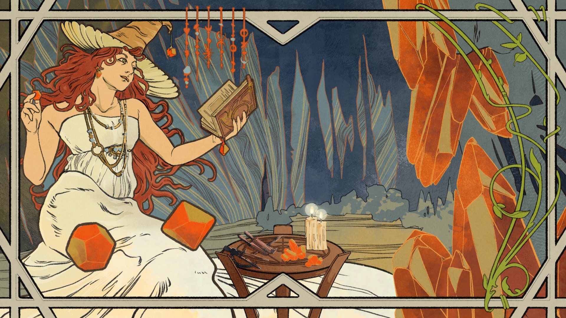 Art nouveau banner showing a witch holding a grimoire and crafting dices